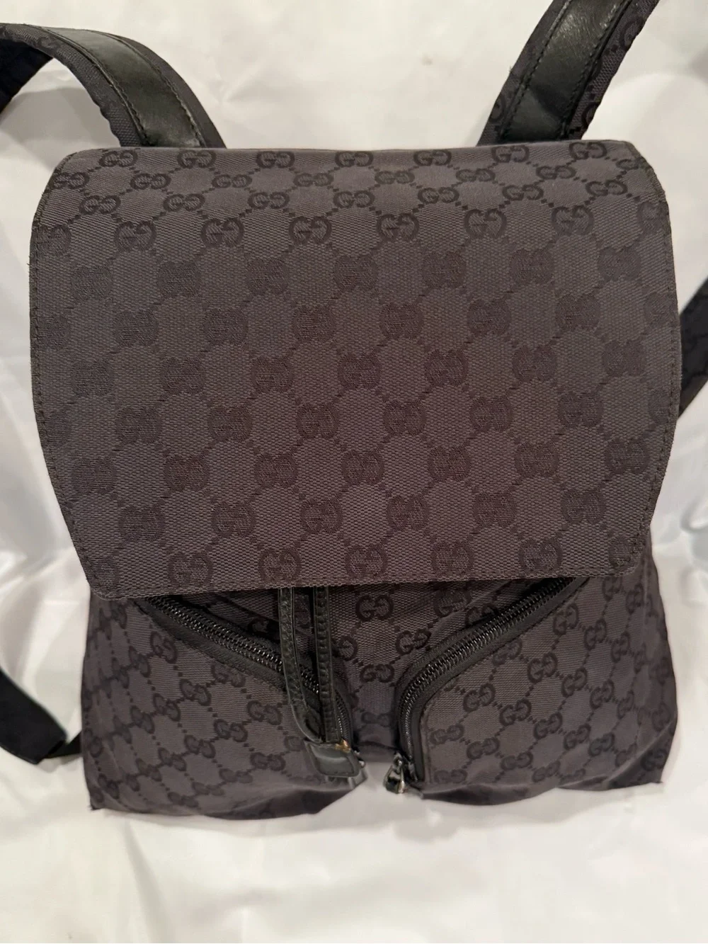 Gucci Black GG Canvas Backpack with Front Zip Pockets